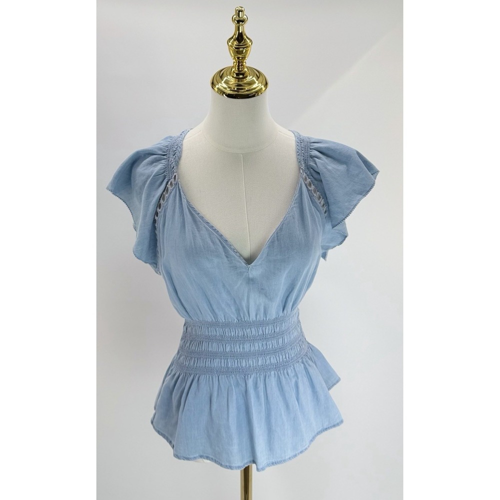Sam Edelman Blouse Women's Harper Nyra Smocked Waist Flutter Sleeve Top Small S